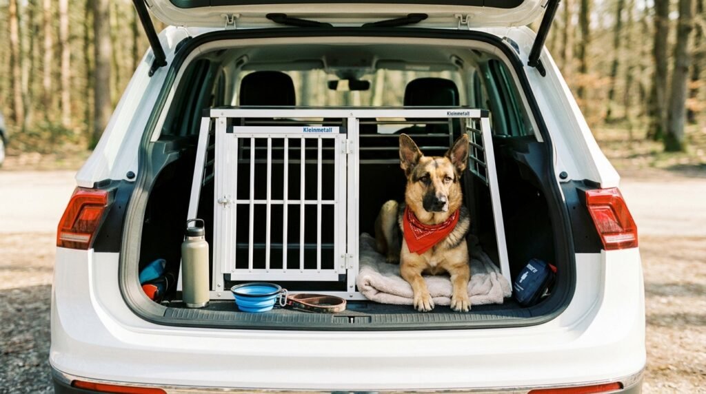 Hund sicher transportieren: Hund sitzt in einer stabilen Transportbox im Kofferraum eines Autos.