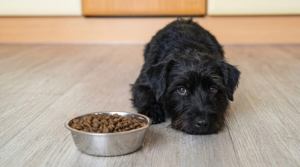 Hund plötzlich krank: Hund liegt apathisch vor seinem Futternapf und verweigert das Fressen.