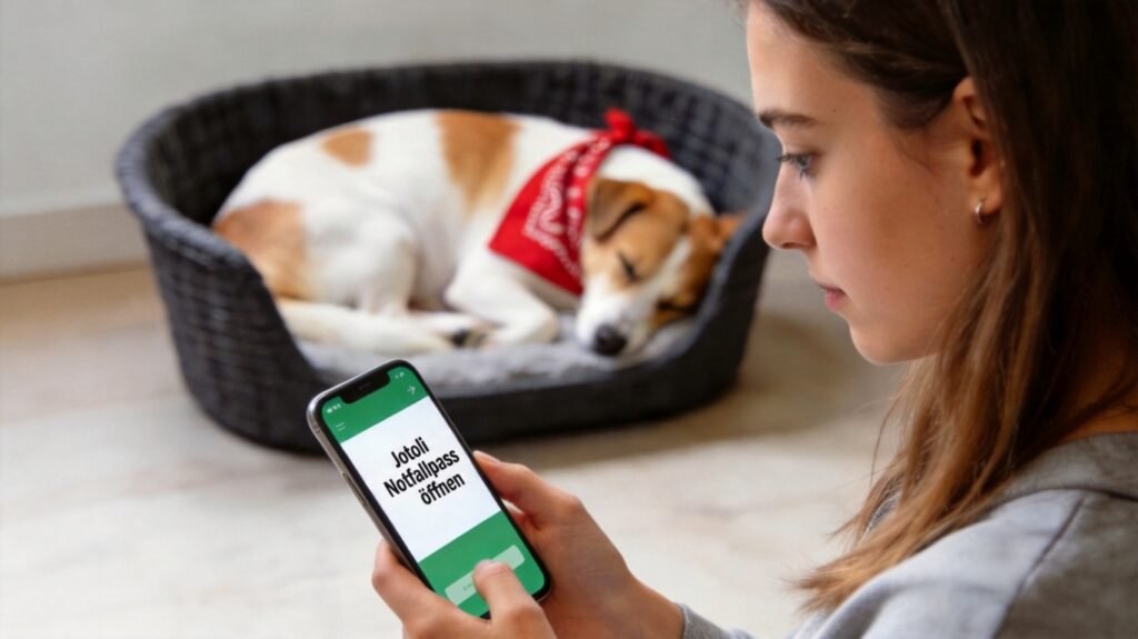 Notfallpass für Hunde: Hundehalterin öffnet den digitalen Jotoli Notfallpass auf dem Smartphone, während ihr Hund im Hundebett liegt.