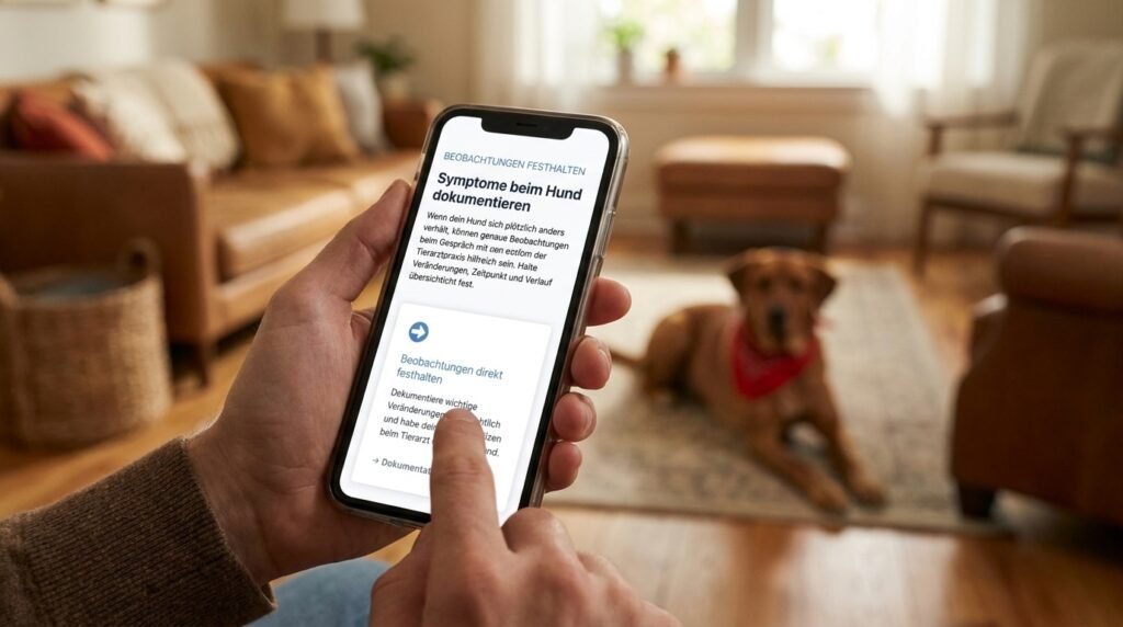 Symptome beim Hund dokumentieren: Smartphone mit digitalem Dokumentationstool, während ein Hund im Hintergrund liegt.