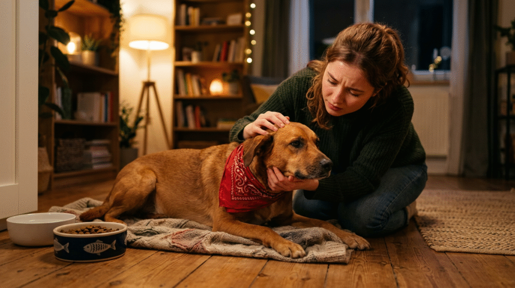 Hund frisst oder trinkt anders: Besorgte Hundehalterin beobachtet ihren Hund neben Futter- und Wassernapf.