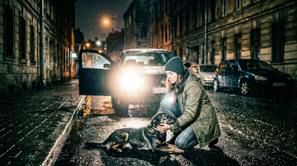 Hund hatte Unfall oder etwas aufgenommen: Hundehalterin kümmert sich nachts auf der Straße um ihren verletzten Hund.