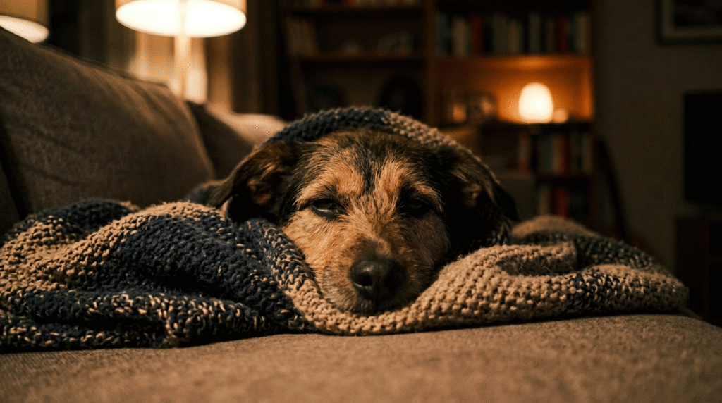 Hund verhält sich anders: Müde wirkender Hund liegt zurückgezogen unter einer Decke auf dem Sofa.